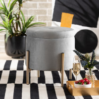 Baxton Studio FZD200335-Grey Velvet-Ottoman Malina Contemporary Glam and Luxe Grey Velvet Fabric Upholstered and Gold Finished Metal Storage Ottomana